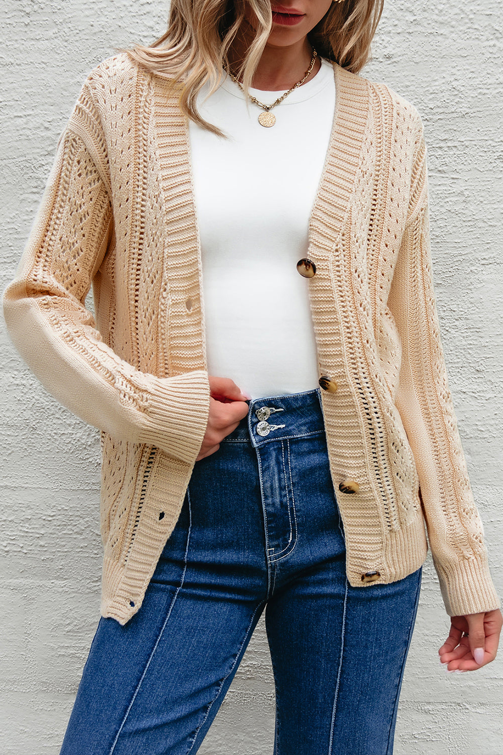 Dark Khaki Open Knit Drop Shoulder Sweater Cardigan