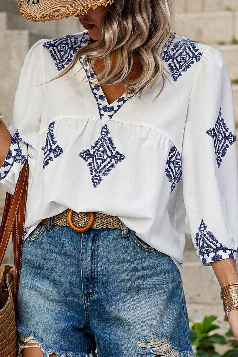 White Boho Geometric Print Bracelet Sleeve V Neck Blouse