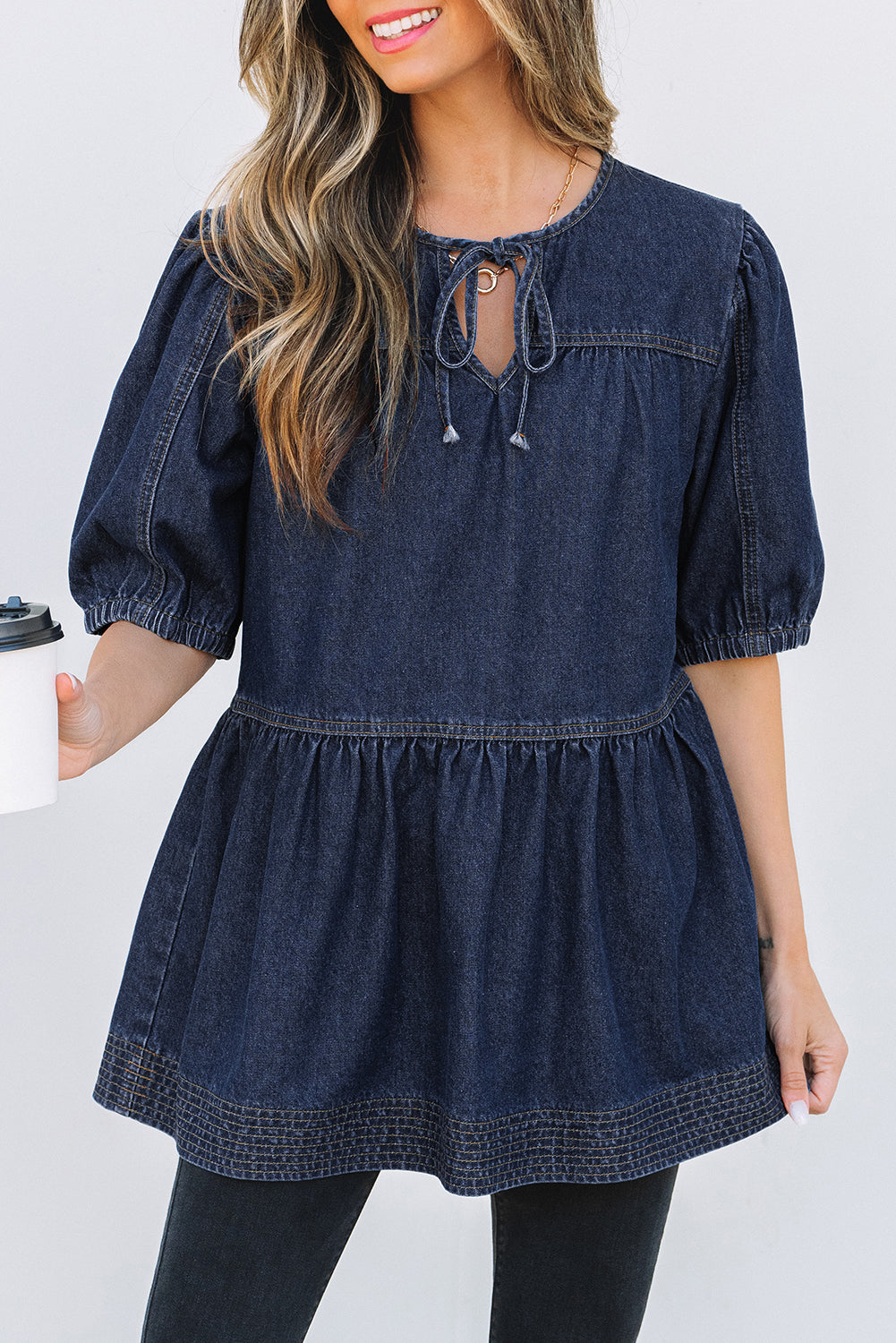 Sail Blue Puff Sleeve Lace-up Neckline Splicing Denim Blouse