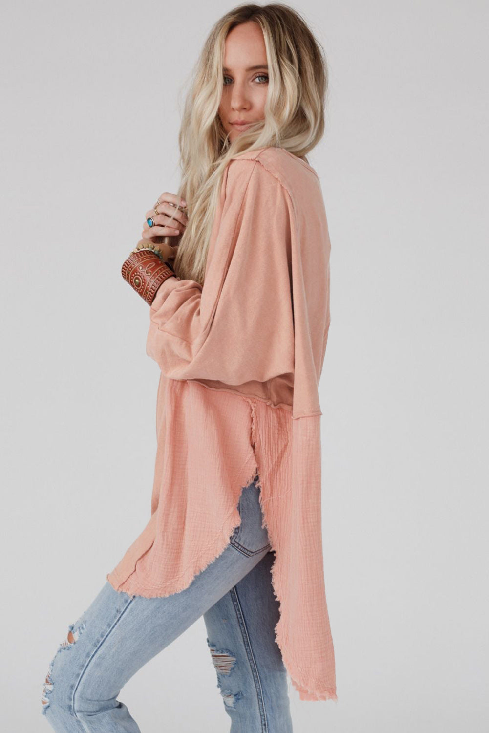 Crinkle Splicing Raw Hem High Low Oversized Blouse