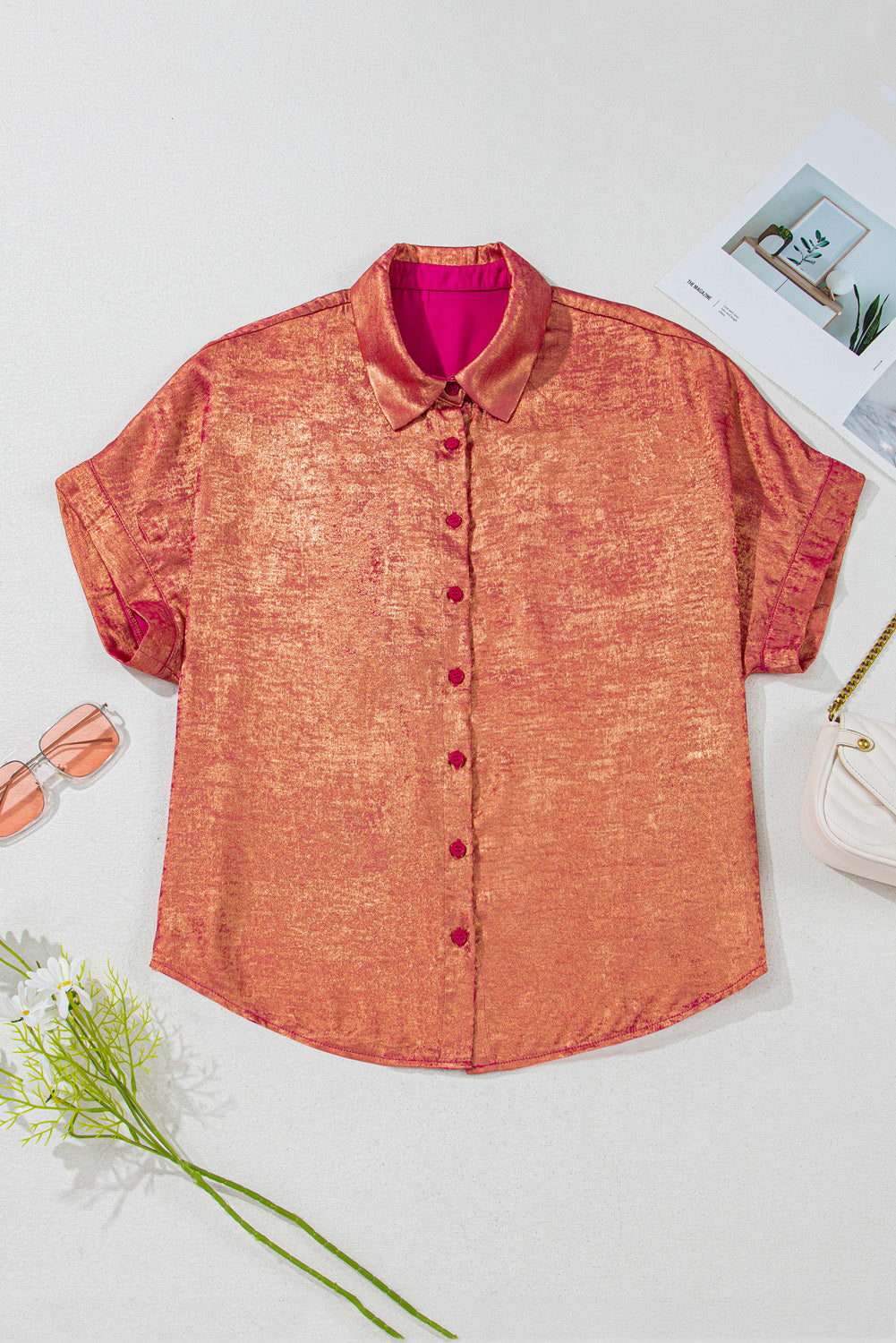 Rose Red Plus Size Metallic Sheen Short Sleeve Button Up Shirt