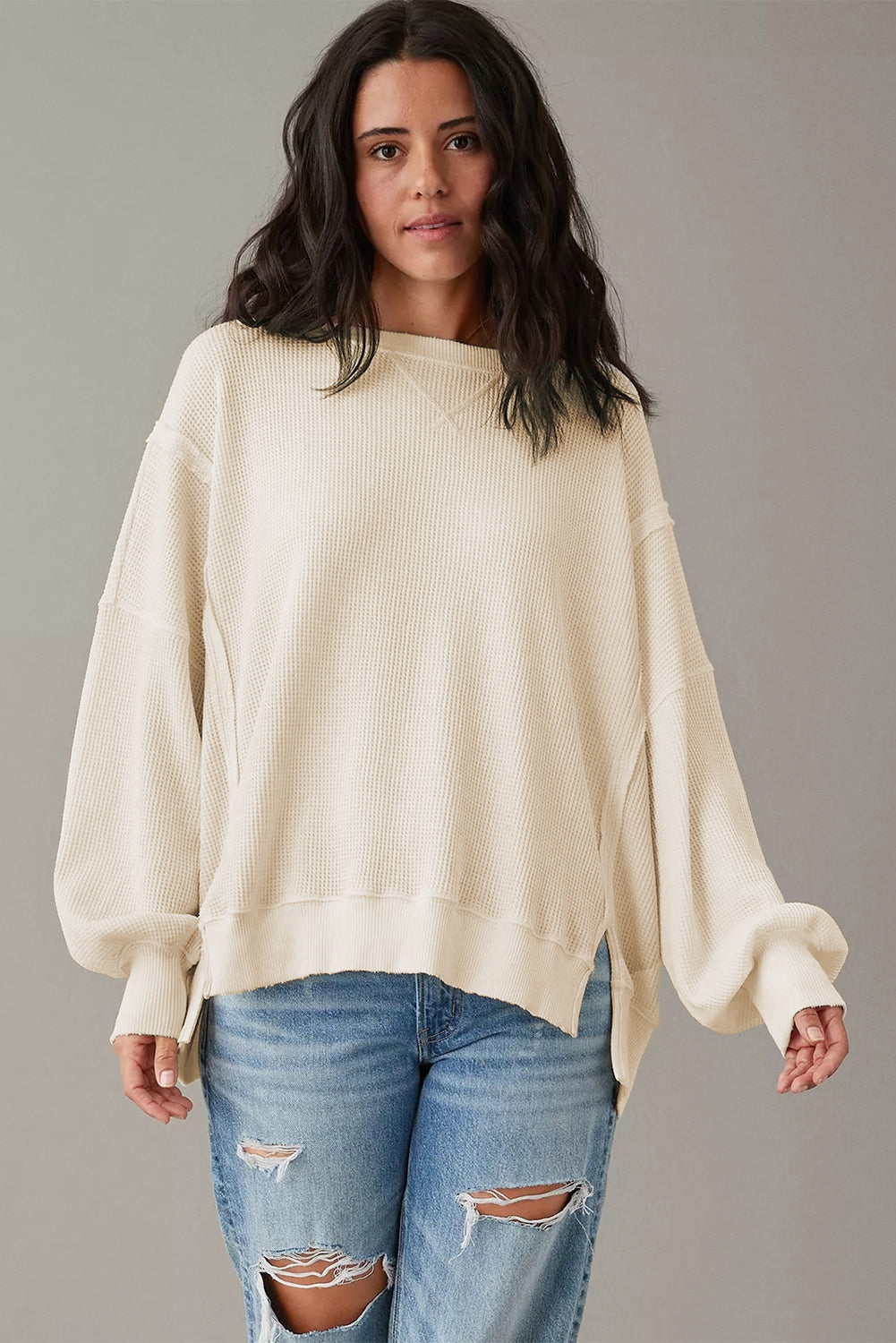 White Waffle knit Bishop Sleeve Split Oversized Top