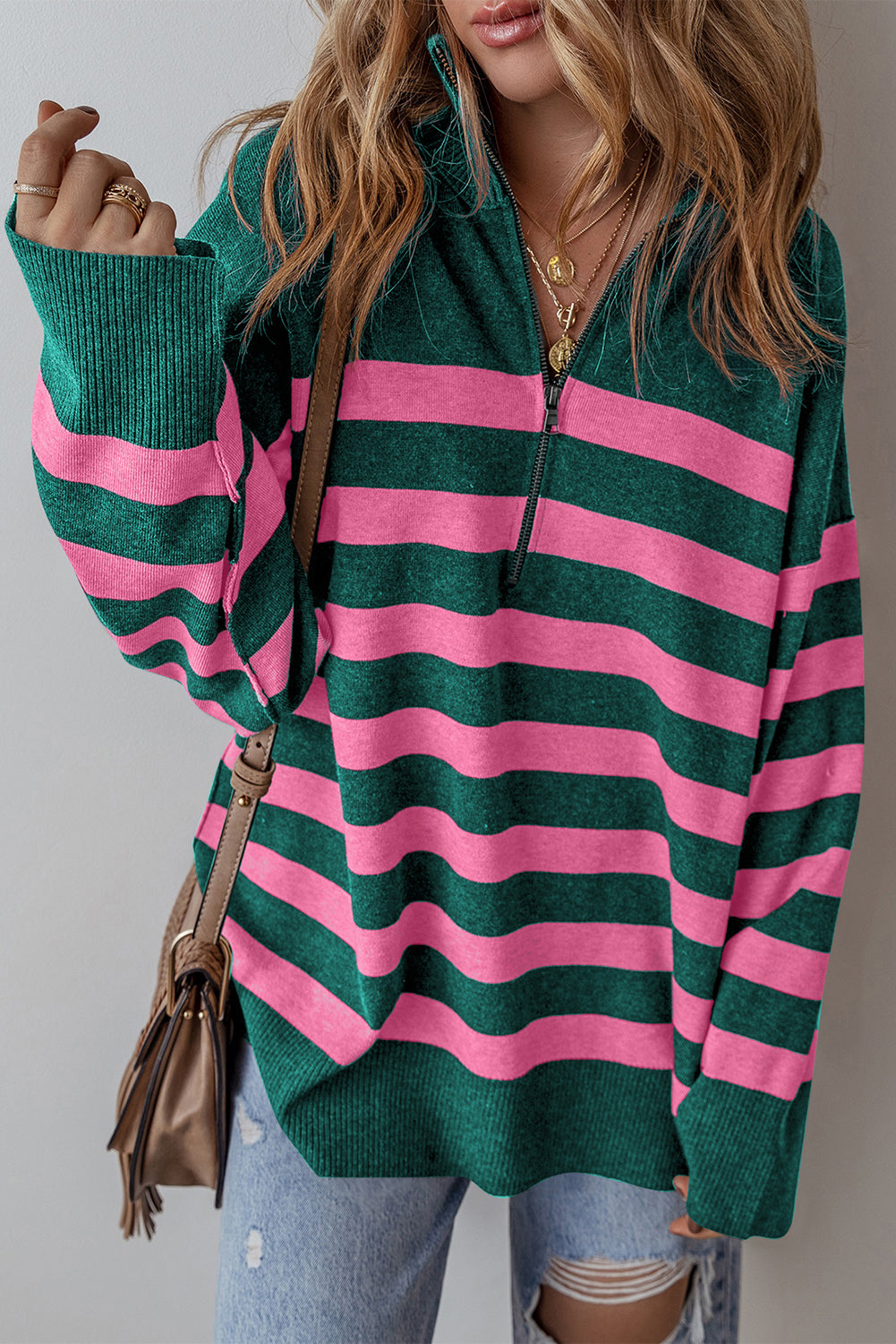 Black Stripe Collared Quarter Zipper Oversized Sweater