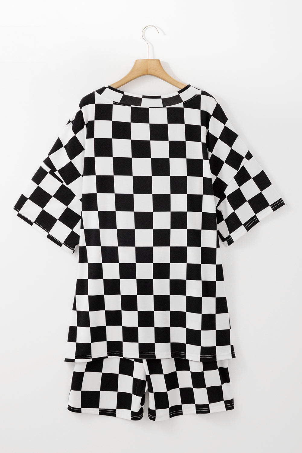 Black Checkered Pattern Tee and Shorts Plus Size Two Piece Set