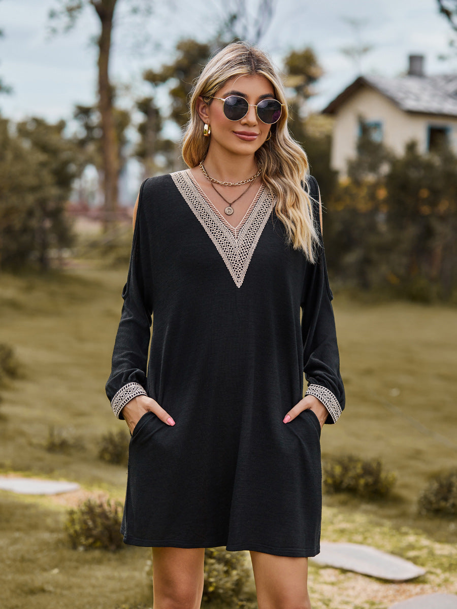 V-neck Lace Off-the-shoulder Dress