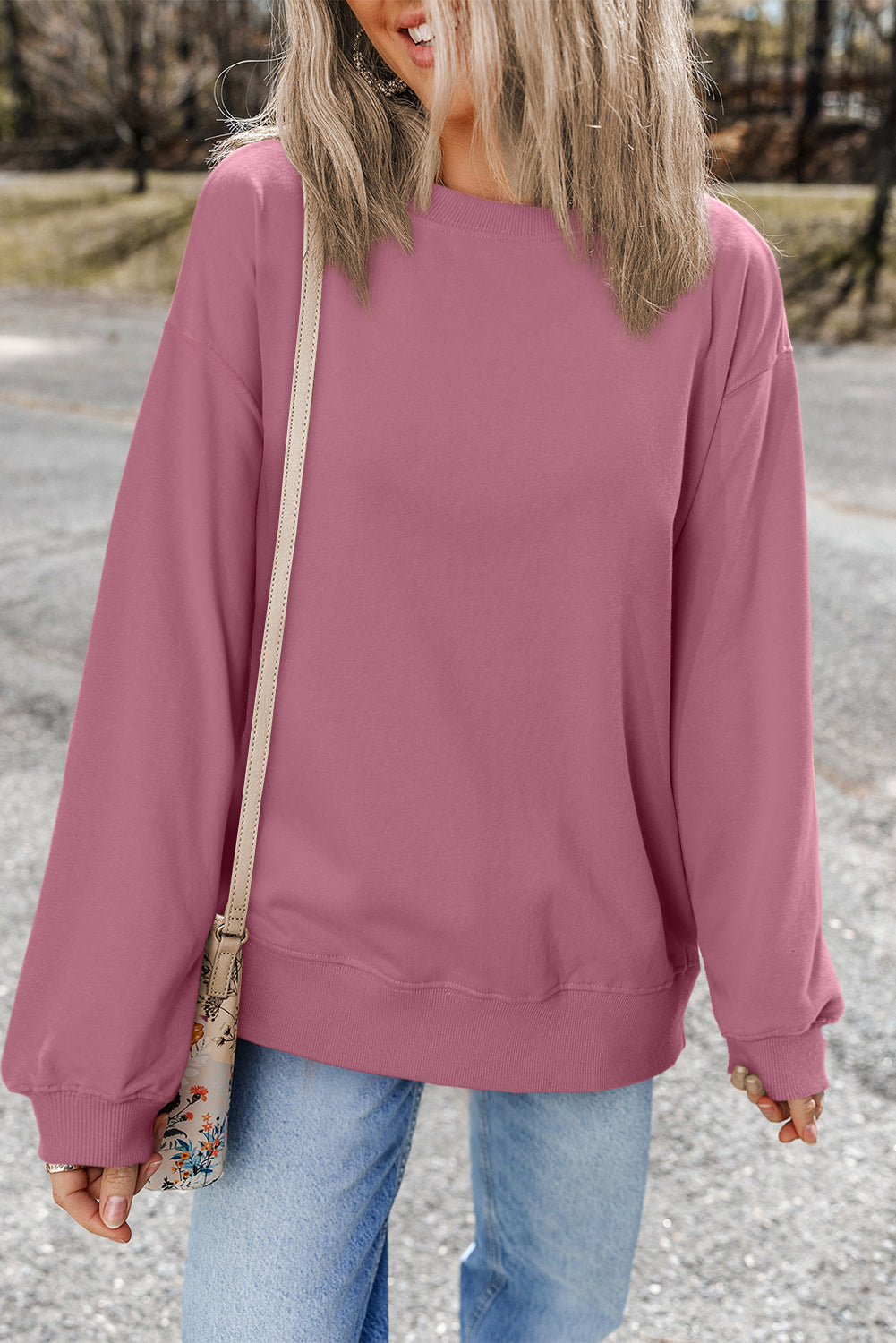 Bonbon Plain Drop Shoulder Crewneck Pullover Sweatshirt