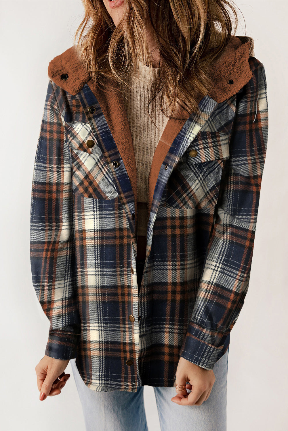 Orange Plaid Pattern Sherpa Lined Hooded Shacket