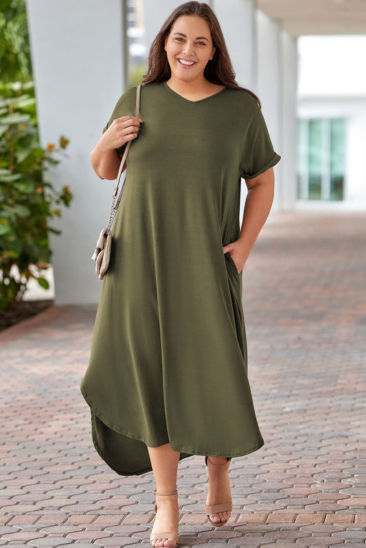 Green Plus Size V Neck Rolled Cuffs Maxi Dress