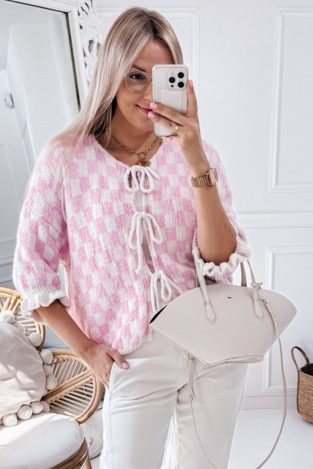 Light Pink Checkered Knitted Lace-up Ruffled 3/4 Sleeve Cardigan