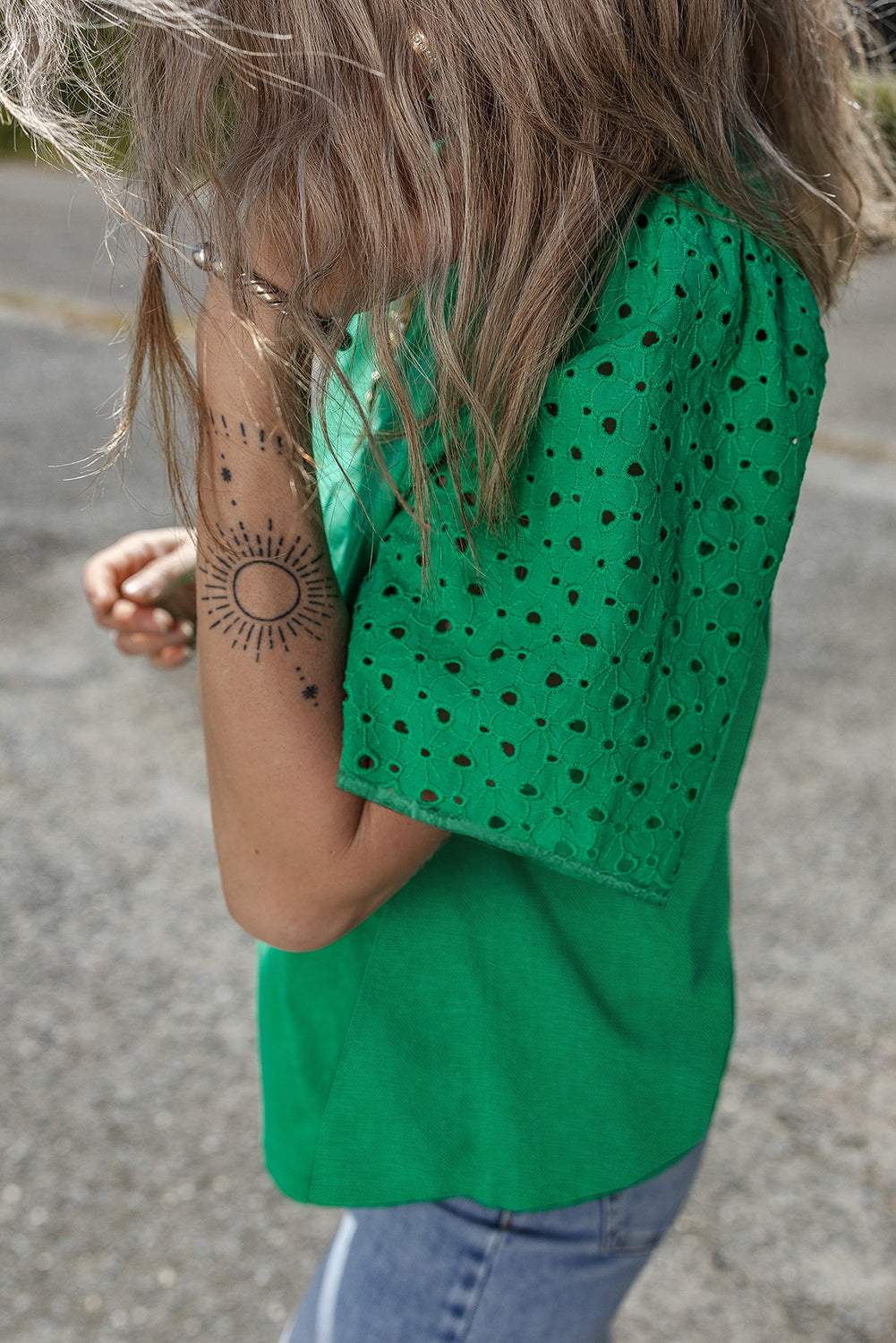 Bright Green Eyelet Embroidered Patchwork Shift Top