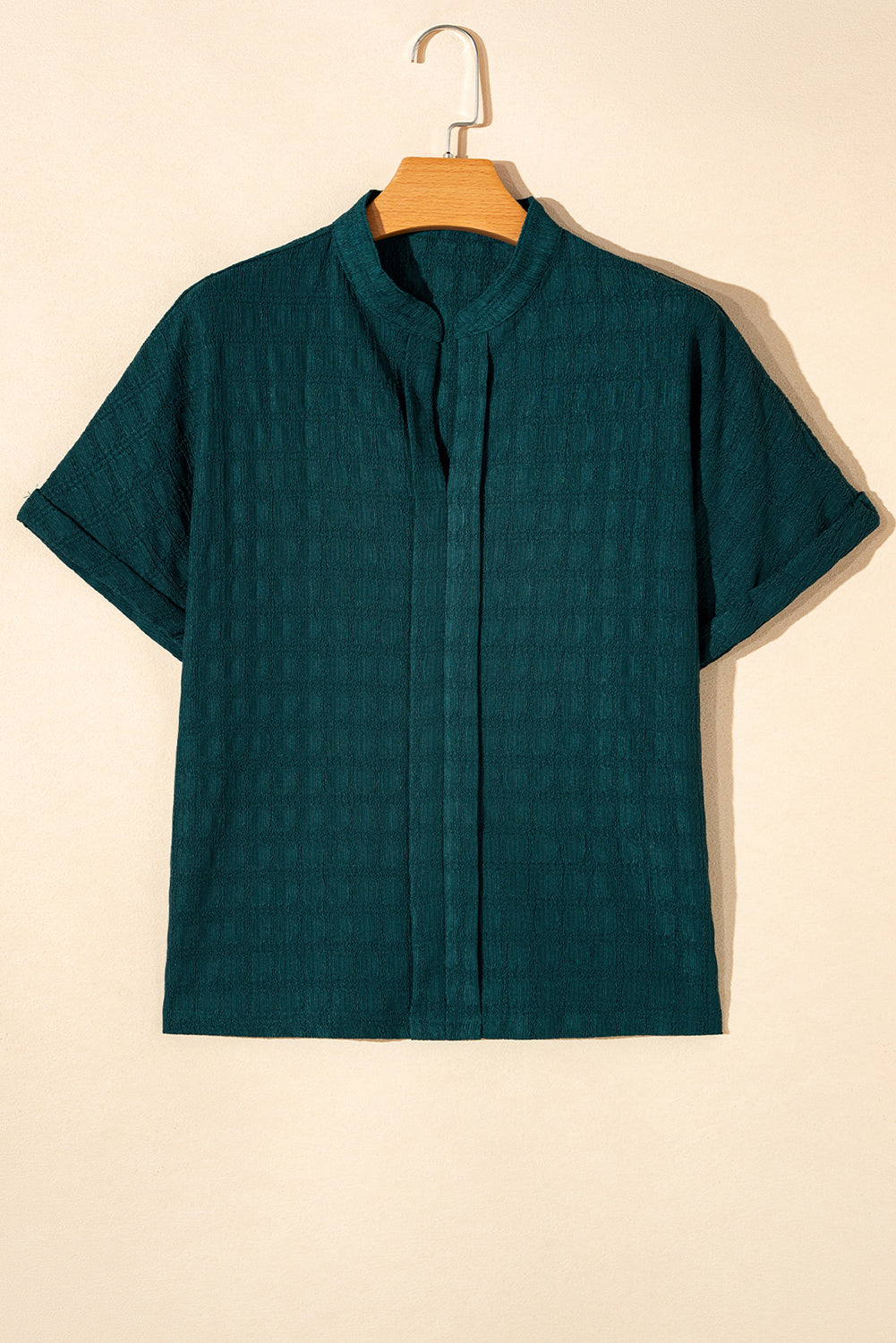 Sea Green Solid Textured Split Neck Short Sleeve Blouse