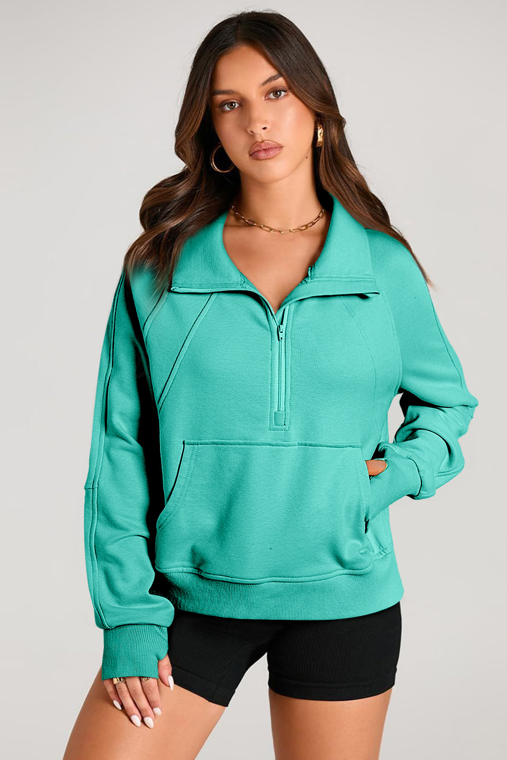 Black Quarter Zip Stand Neck Kangaroo Pocket Sweatshirt