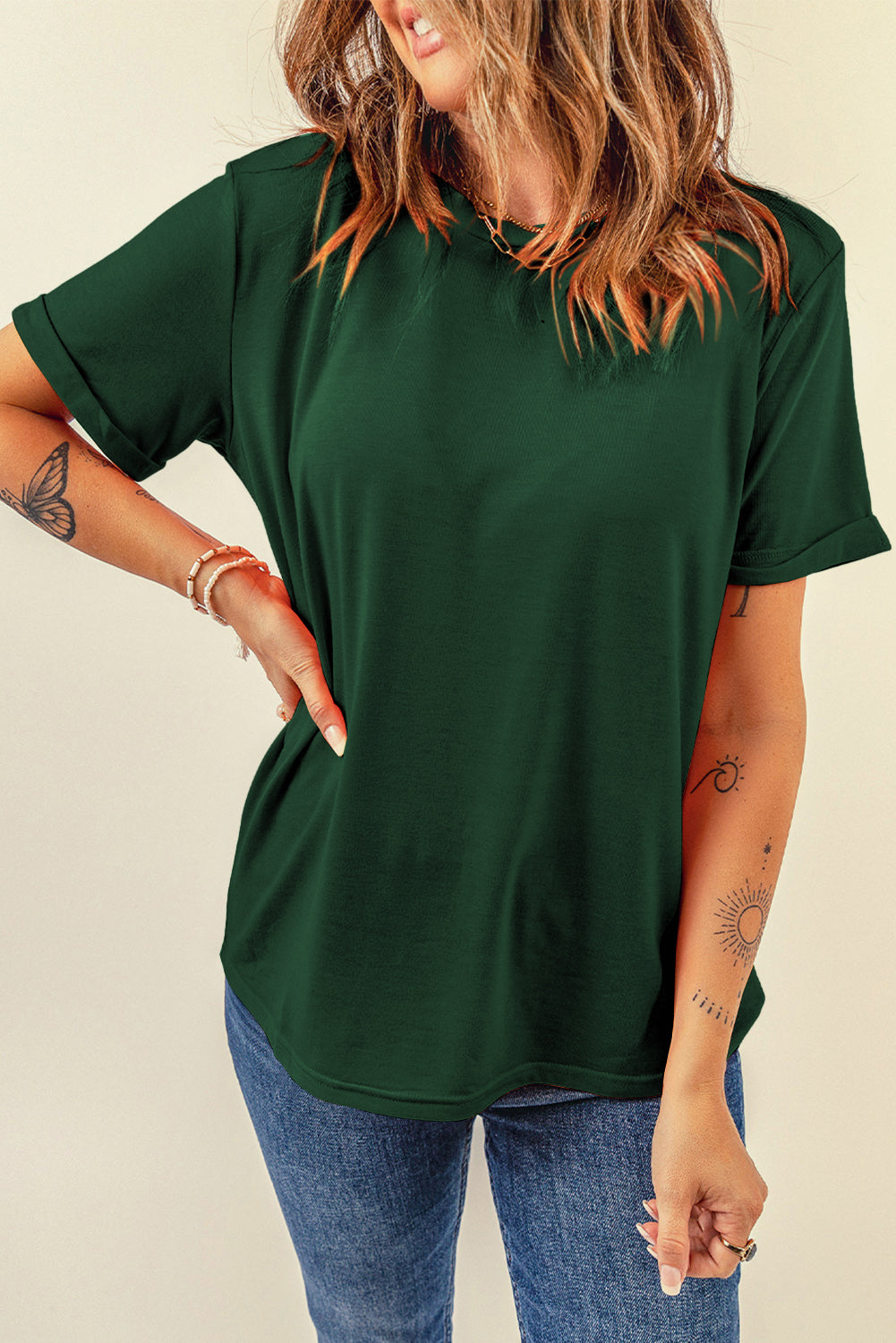 Bright Green Casual Plain Crew Neck Tee