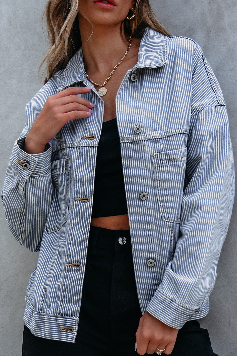 Blue Stripe Washed Oversize Pocketed Denim Jacket