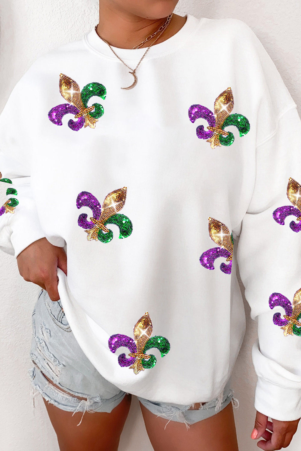 White Sequin Mardi Gras Graphic Pullover Sweatshirt