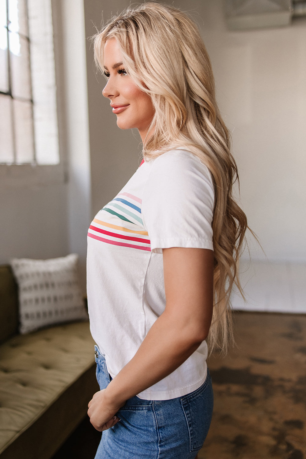 White Rainbow Stripe Print Contrast Crewneck T Shirt