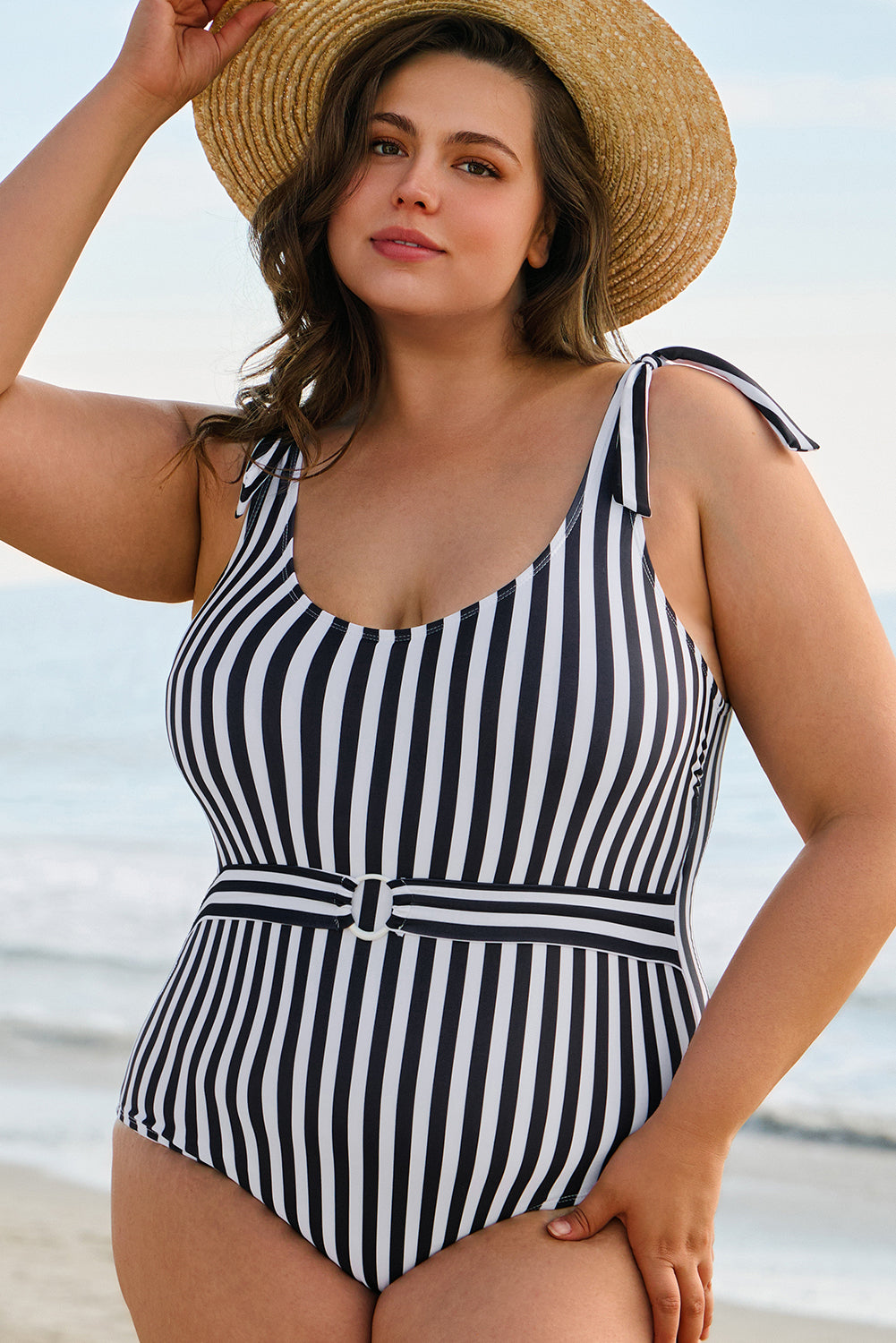 Black Stripe Plus Size Self Tie Straps O-Ring Waistband One Piece Swimsuit