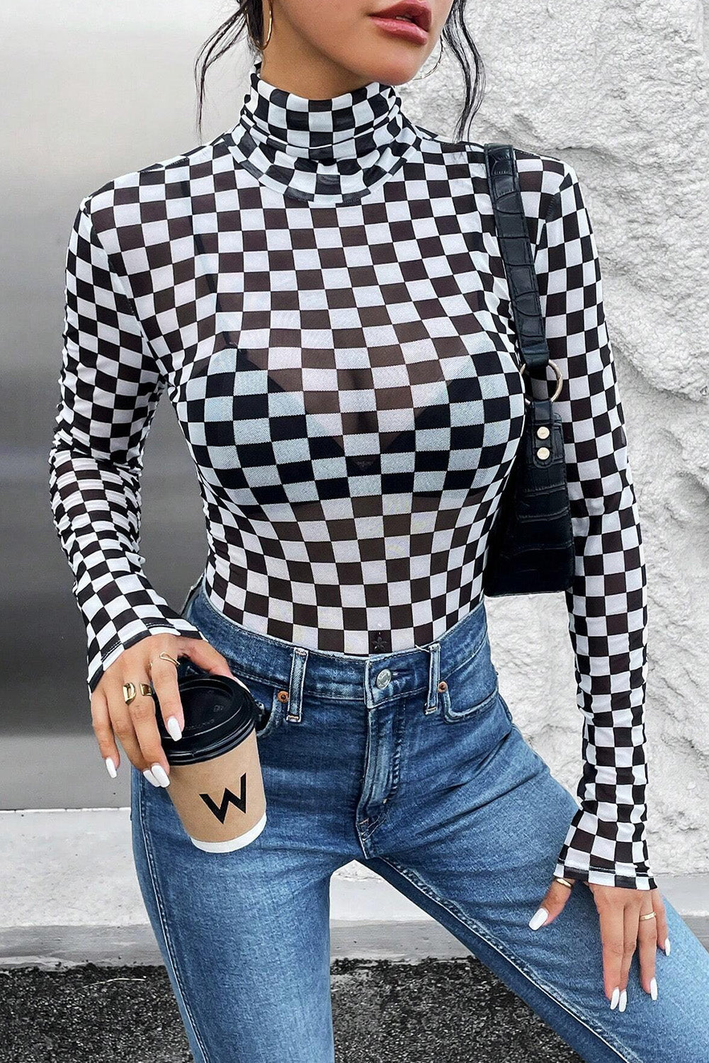 Brown Checkered Printed Long Sleeve High Neck Bodysuit