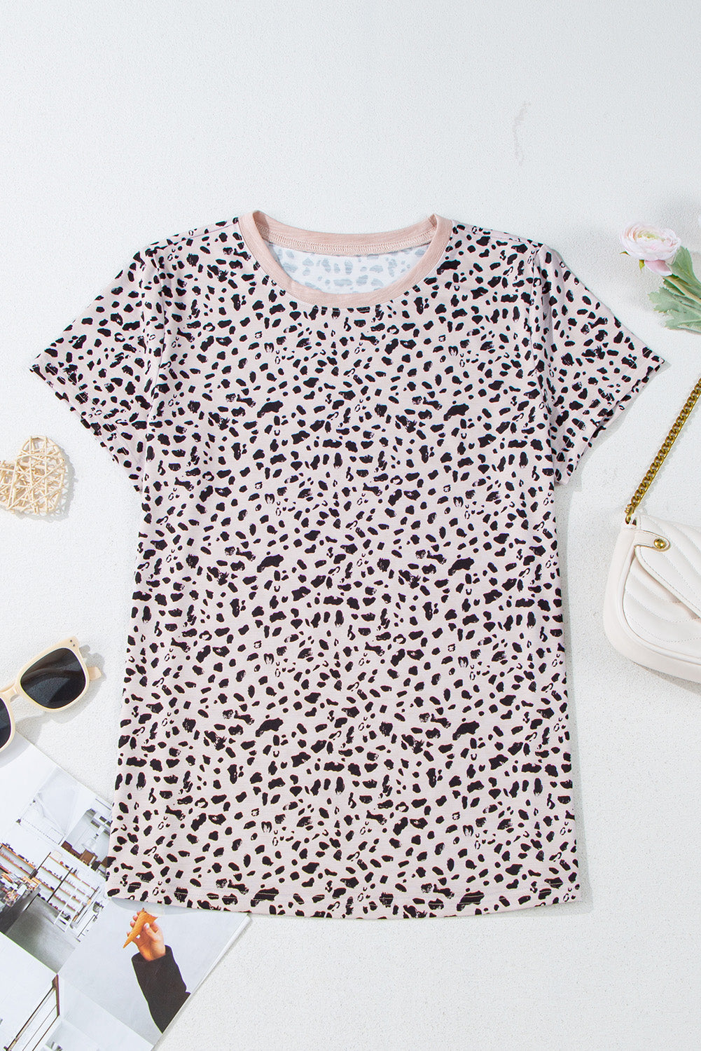 Apricot Cheetah Print O-neck Short Sleeve T Shirt