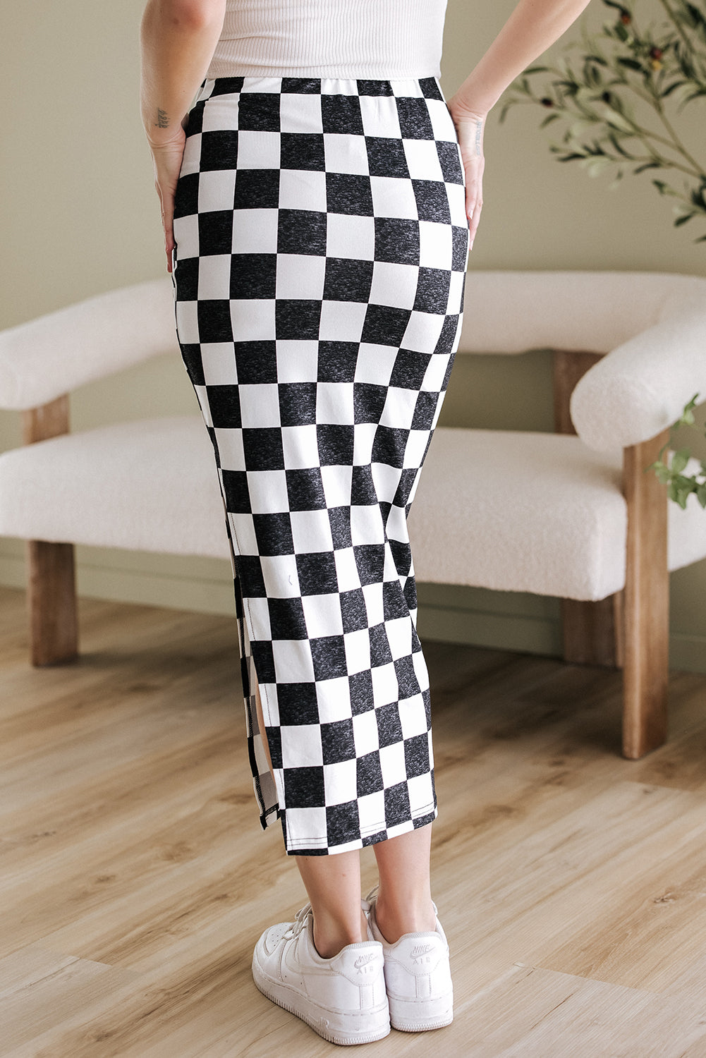 Rose Checkered Print Side Slit High Waist Midi Skirt