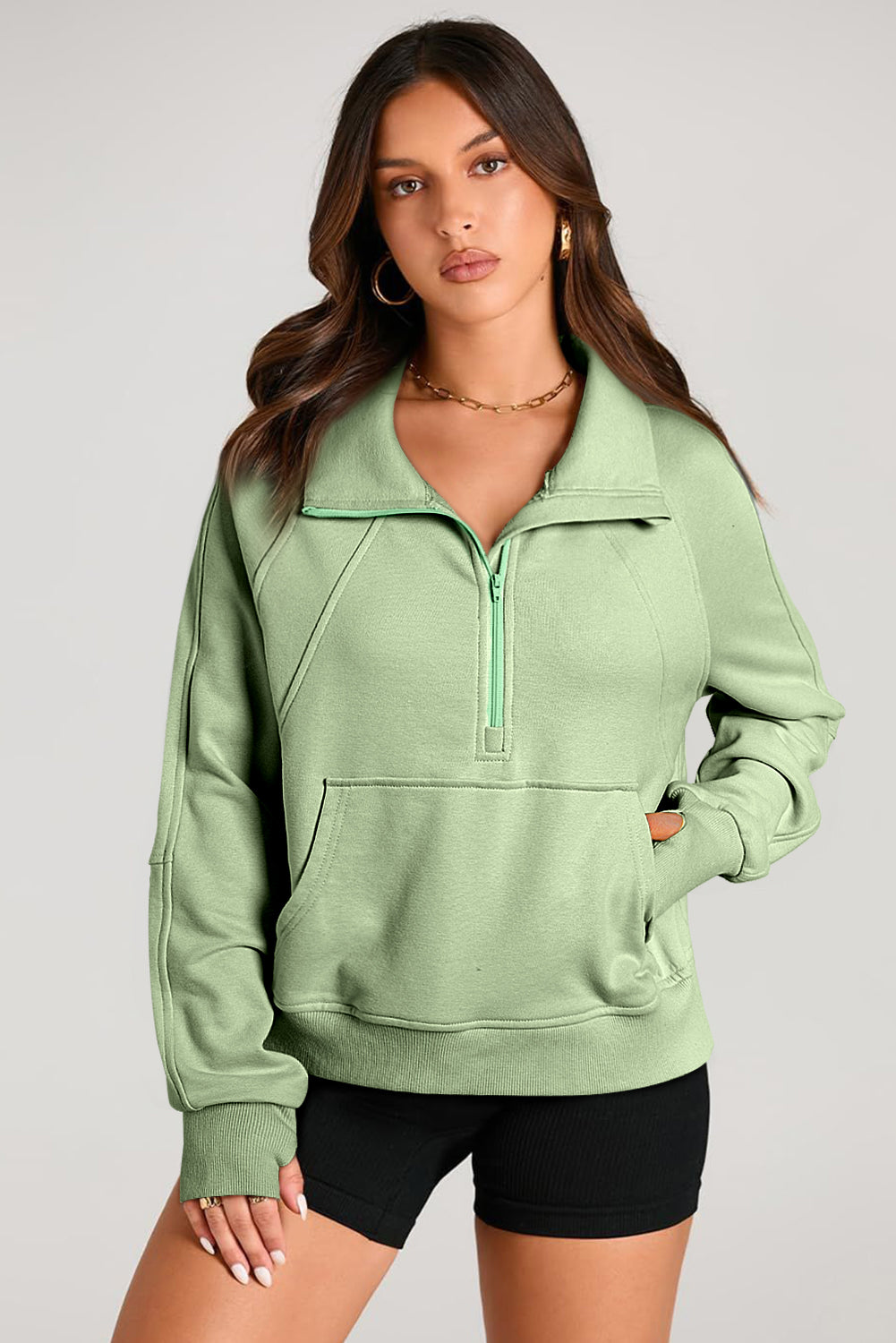 Black Quarter Zip Stand Neck Kangaroo Pocket Sweatshirt