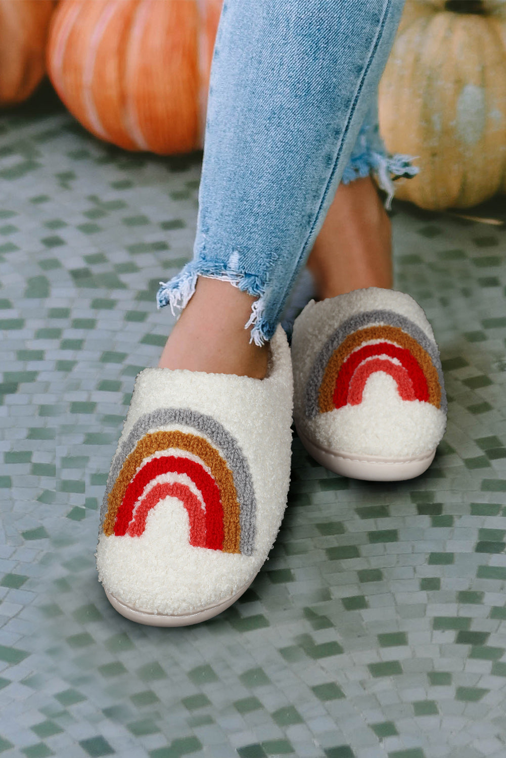 Bright White Rainbow Plush Winter Home Slippers