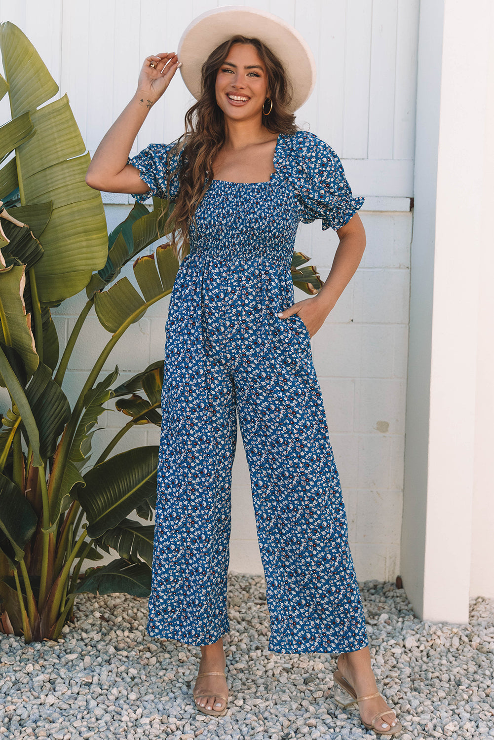 Blue Vintage Boho Floral Smocked Short Puff Sleeve Wide Leg Jumpsuit