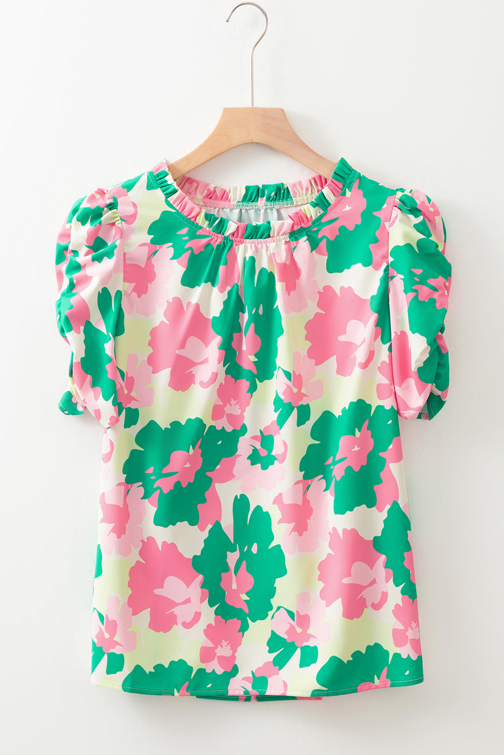 Green Abstract Print Frilly Neck Ruched Short Sleeve Blouse