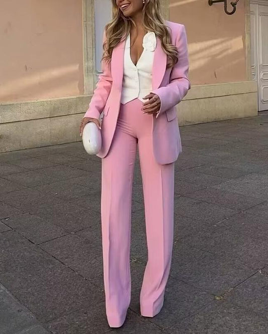 Autumn Women Clothing Women Clothing Tuxedo Collar Blazer High Waist Loose Trousers