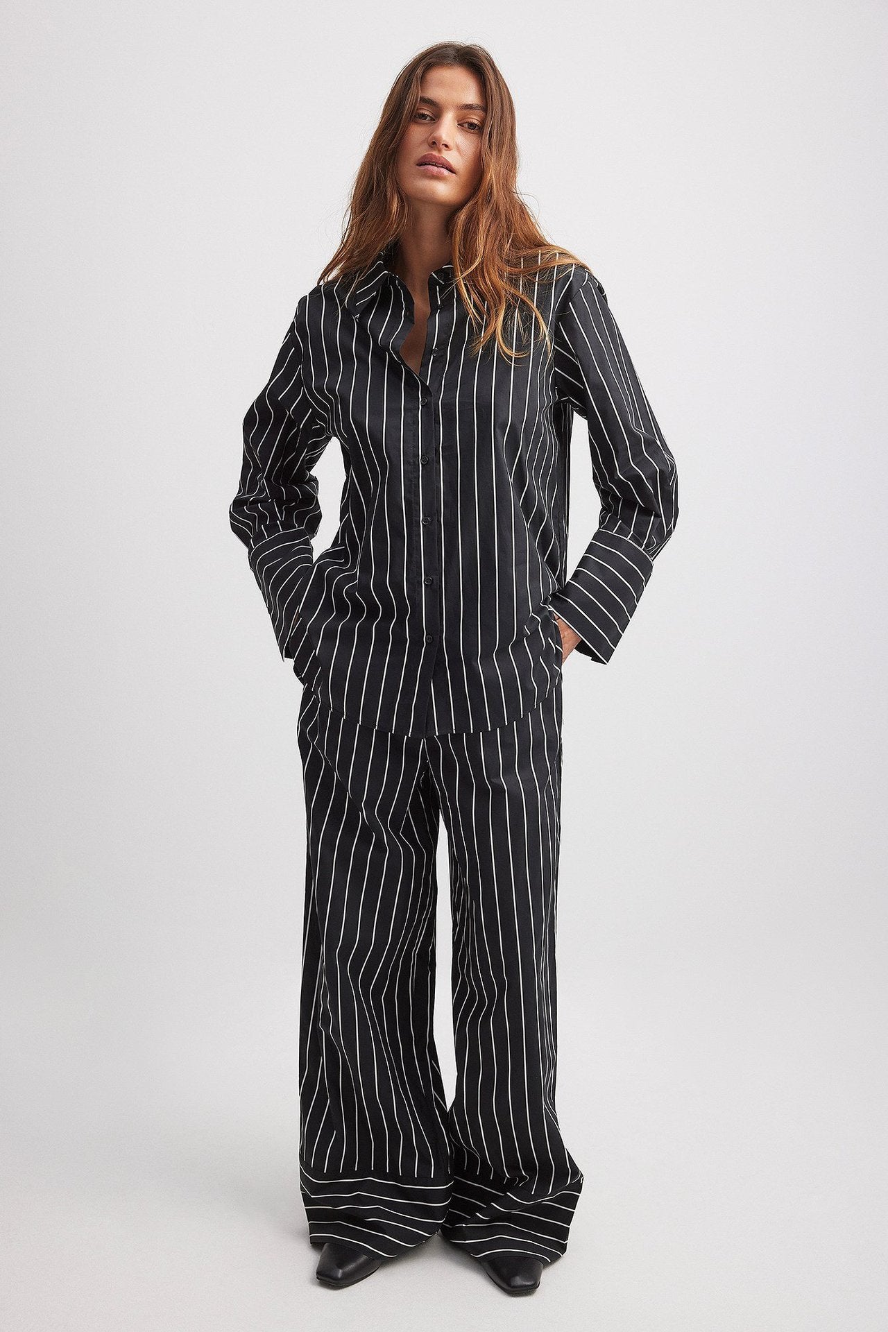 Women Clothing Office Elegant Button Striped Wide Leg Pants Set