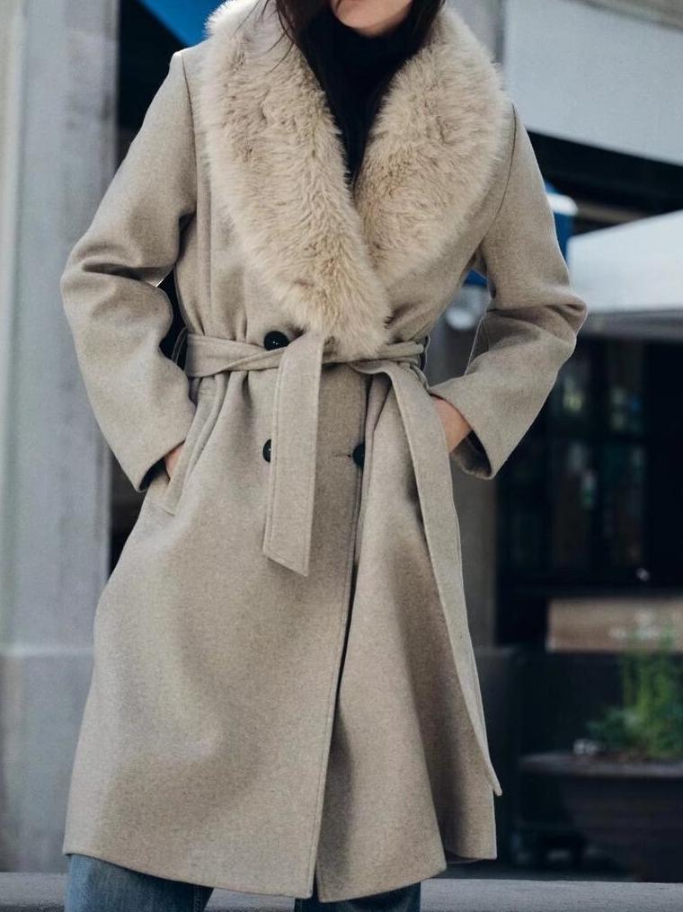 Women Clothing Artificial Fur with Belt Collared Coat Jacket