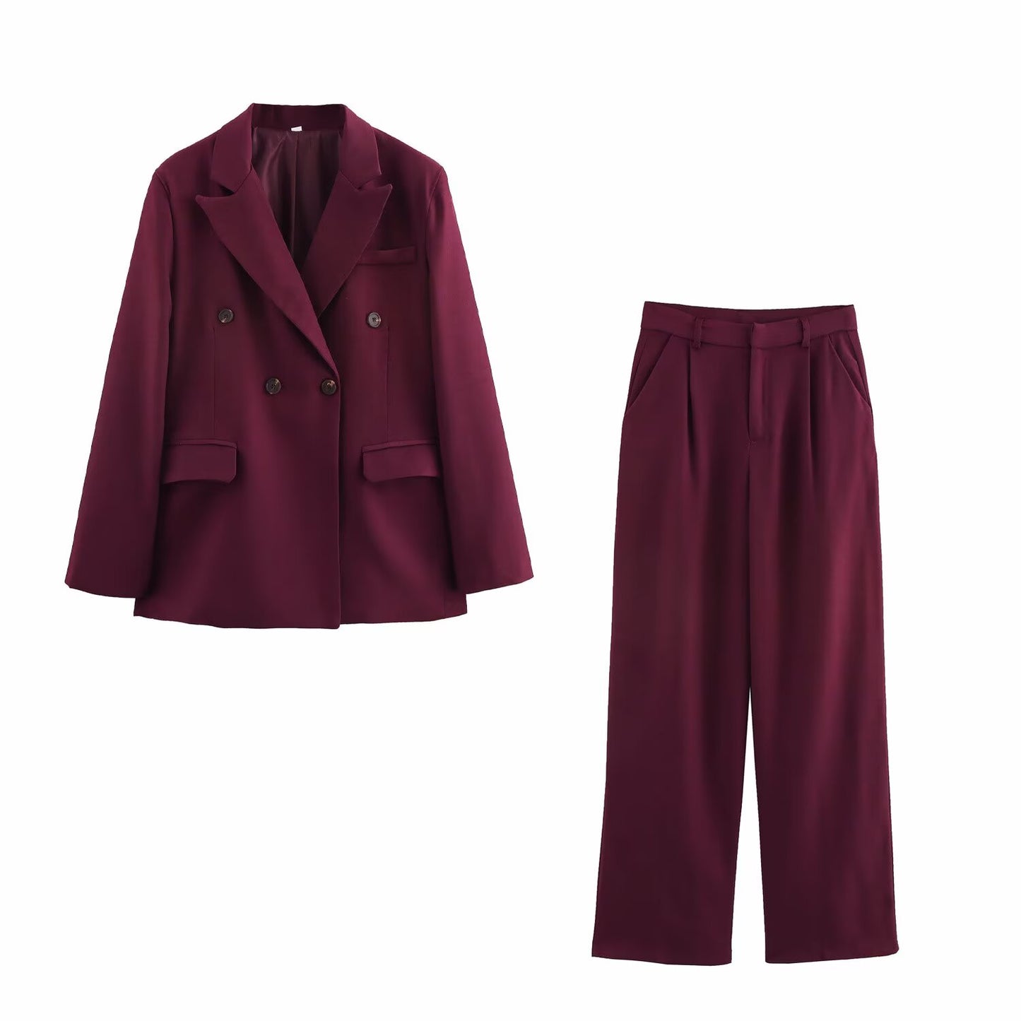 Women Office Loose Double Breasted Blazer High Waist Wide Leg Pants