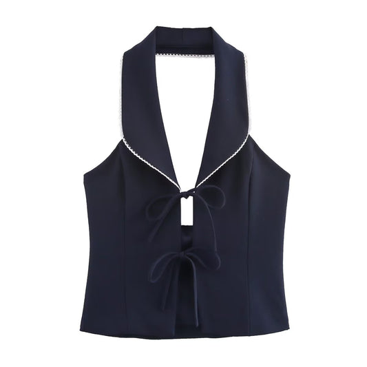 Spring Women Clothing Bowknot Decoration Stitching Hanging Collar Top Vest Jacket