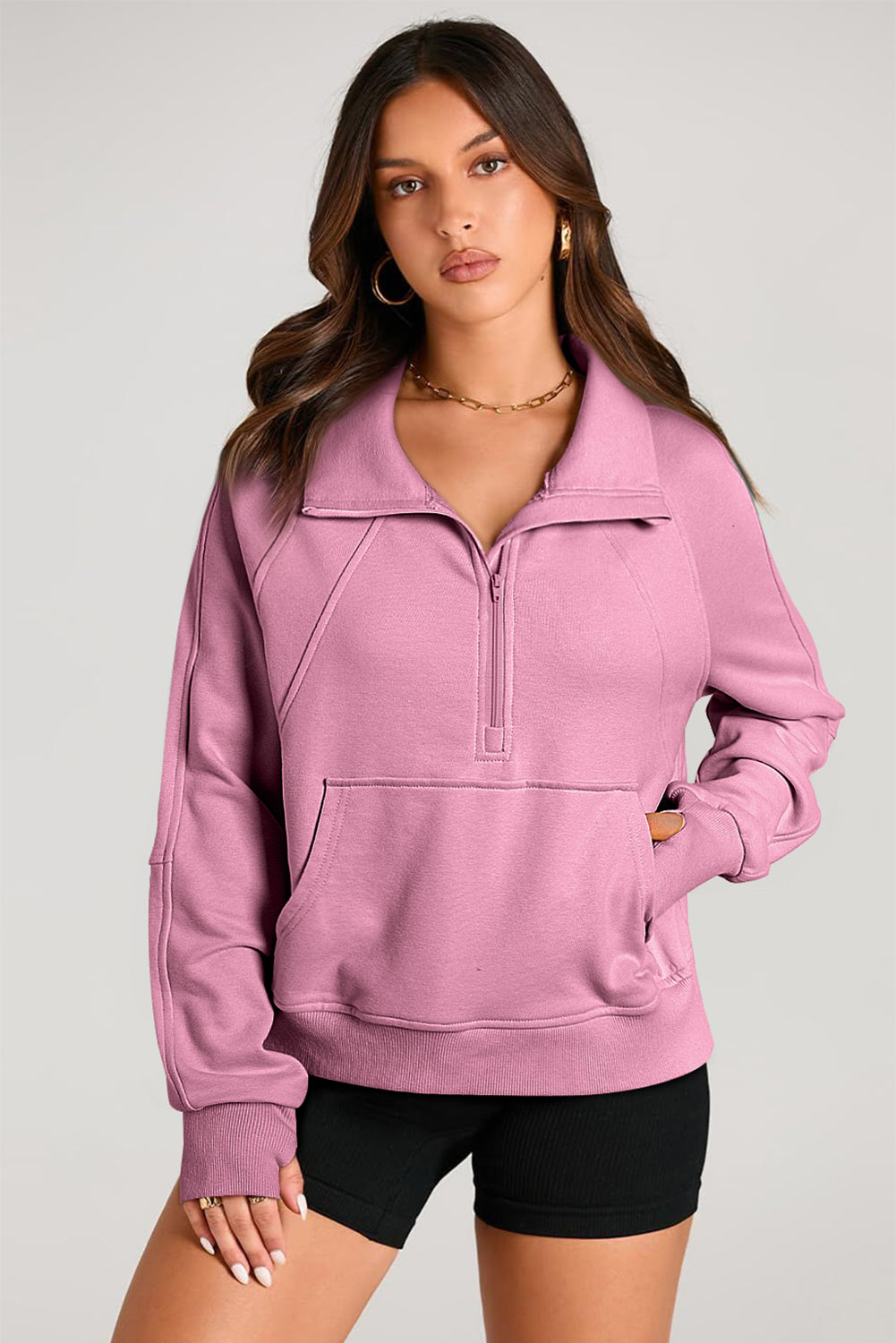 Black Quarter Zip Stand Neck Kangaroo Pocket Sweatshirt