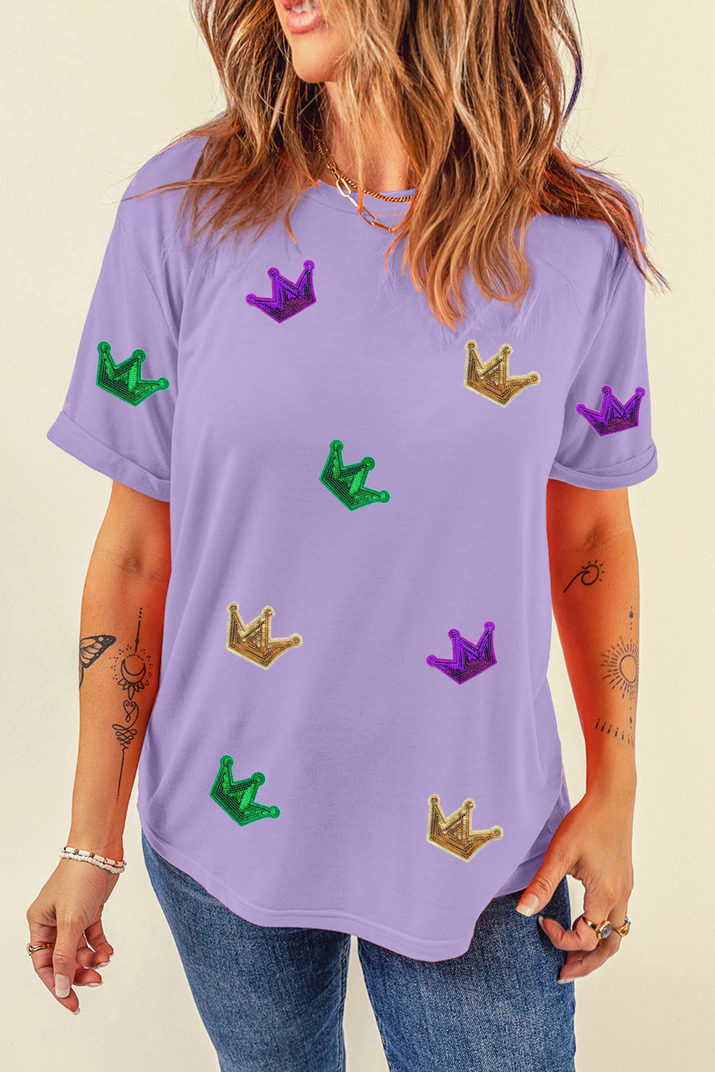 Black Mardi Gras Crown Patched Graphic T Shirt