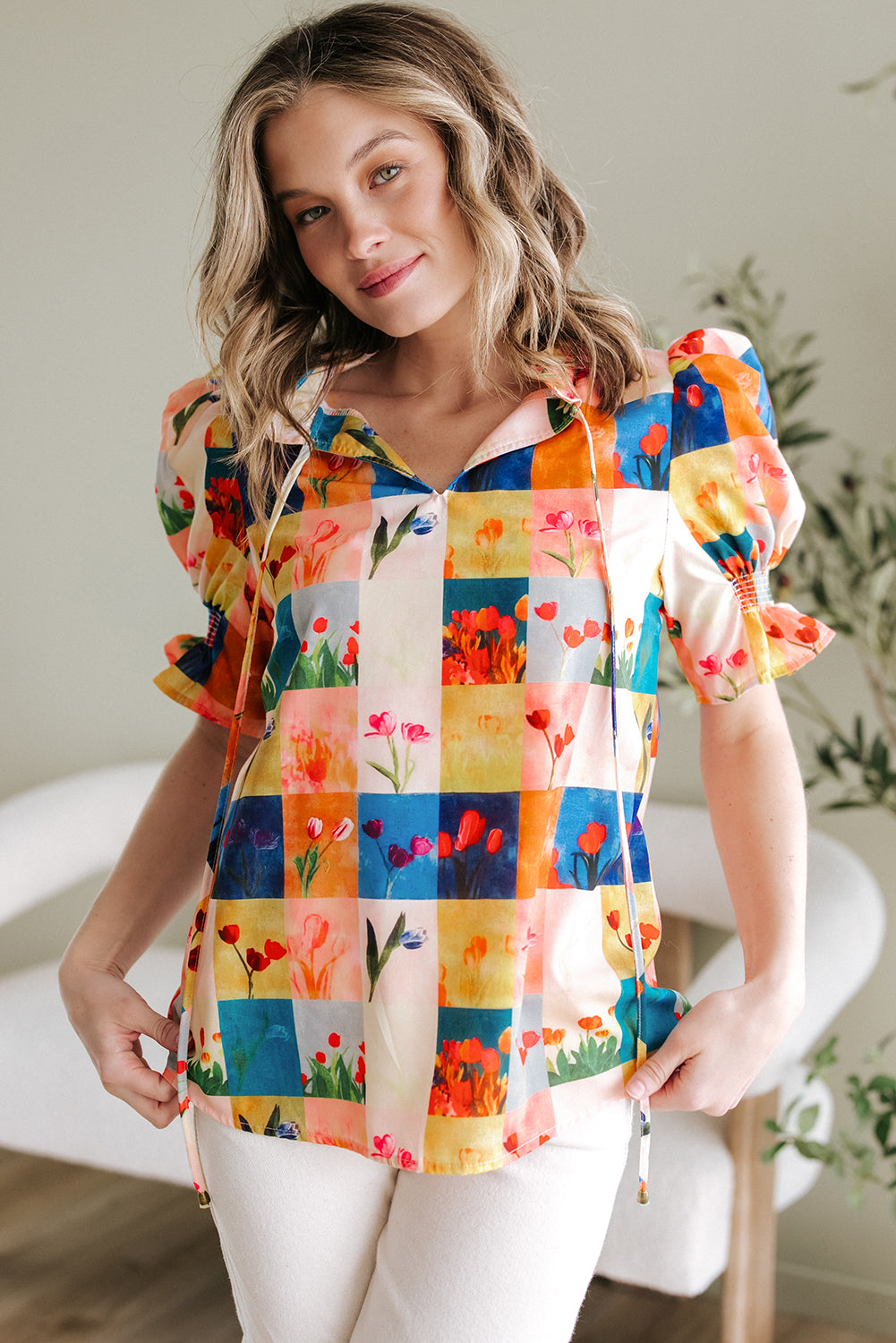 Multicolour Floral Checker Print Ruffled Short Puff Sleeve Blouse