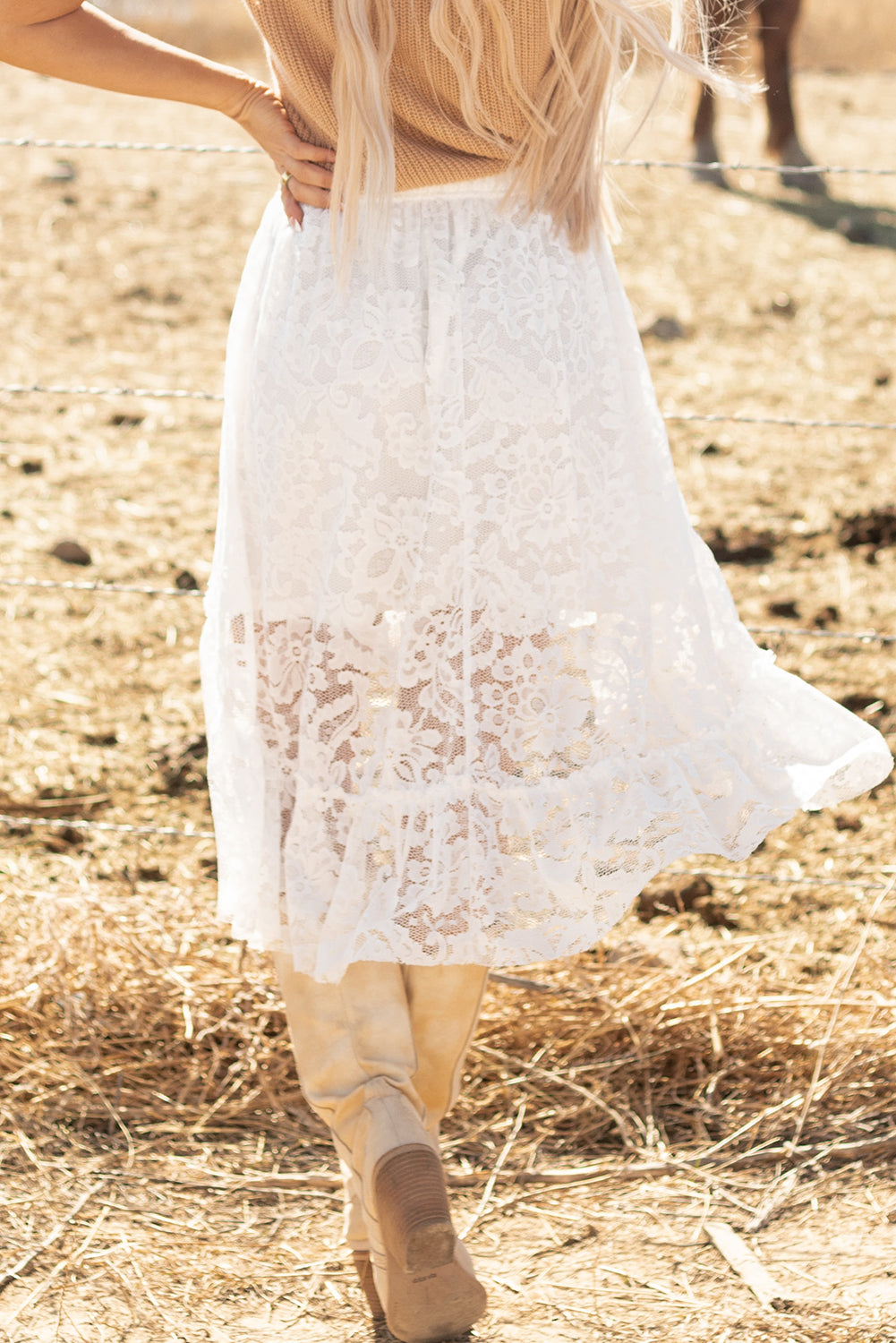 White Lace Ruffled High-low Hem Midi Skirt