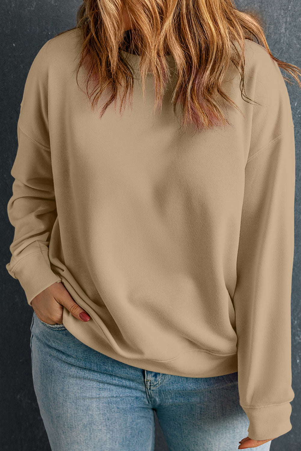 Apricot Solid Crew Neck Drop Shoulder Plus Size Sweatshirt