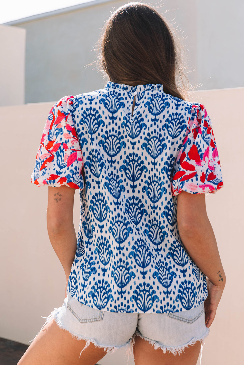 Blue Western Fashion Print Floral Puff Sleeve Frilled Neck Blouse