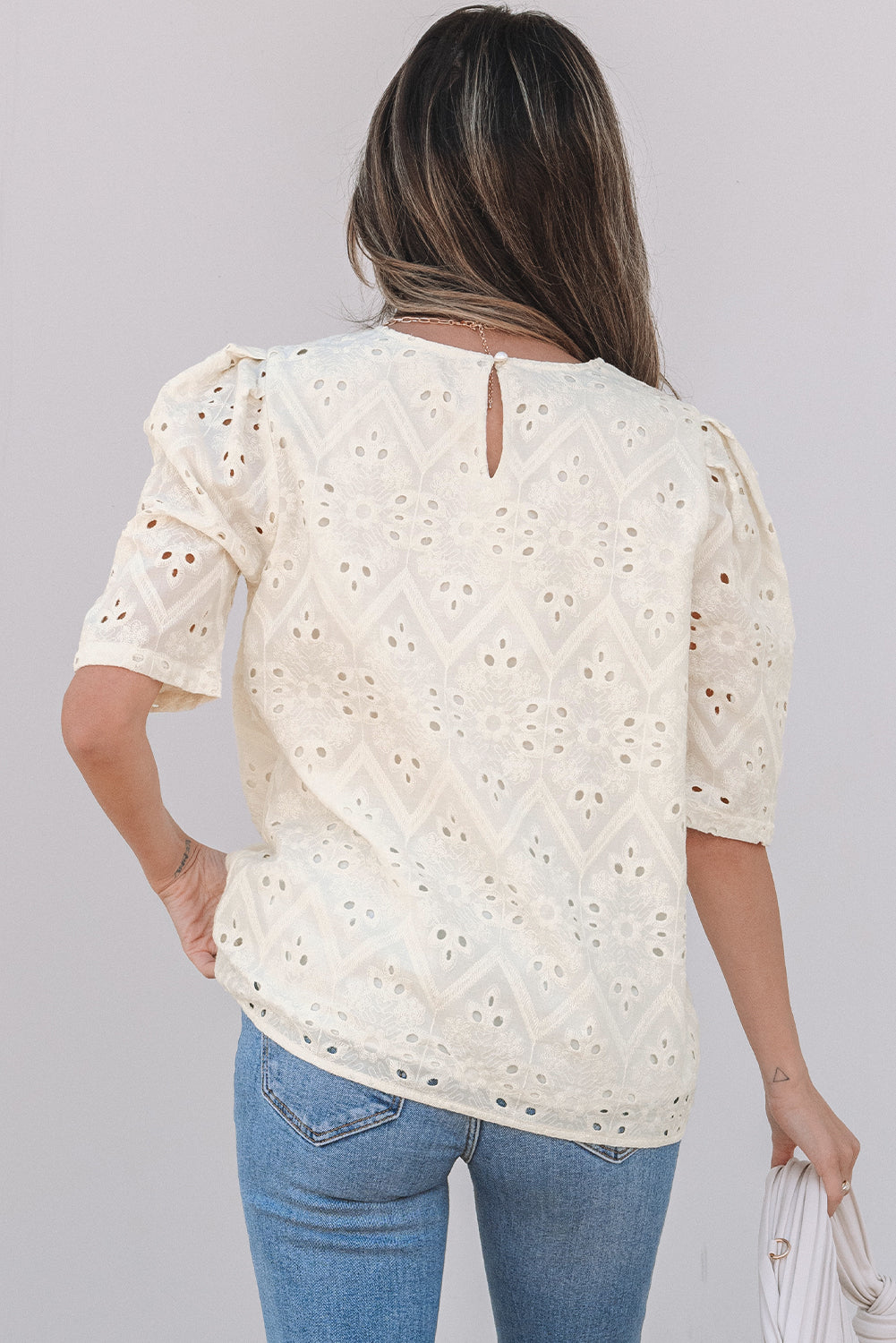 Beige Eyelet Embroidered Half Sleeve Casual Blouse