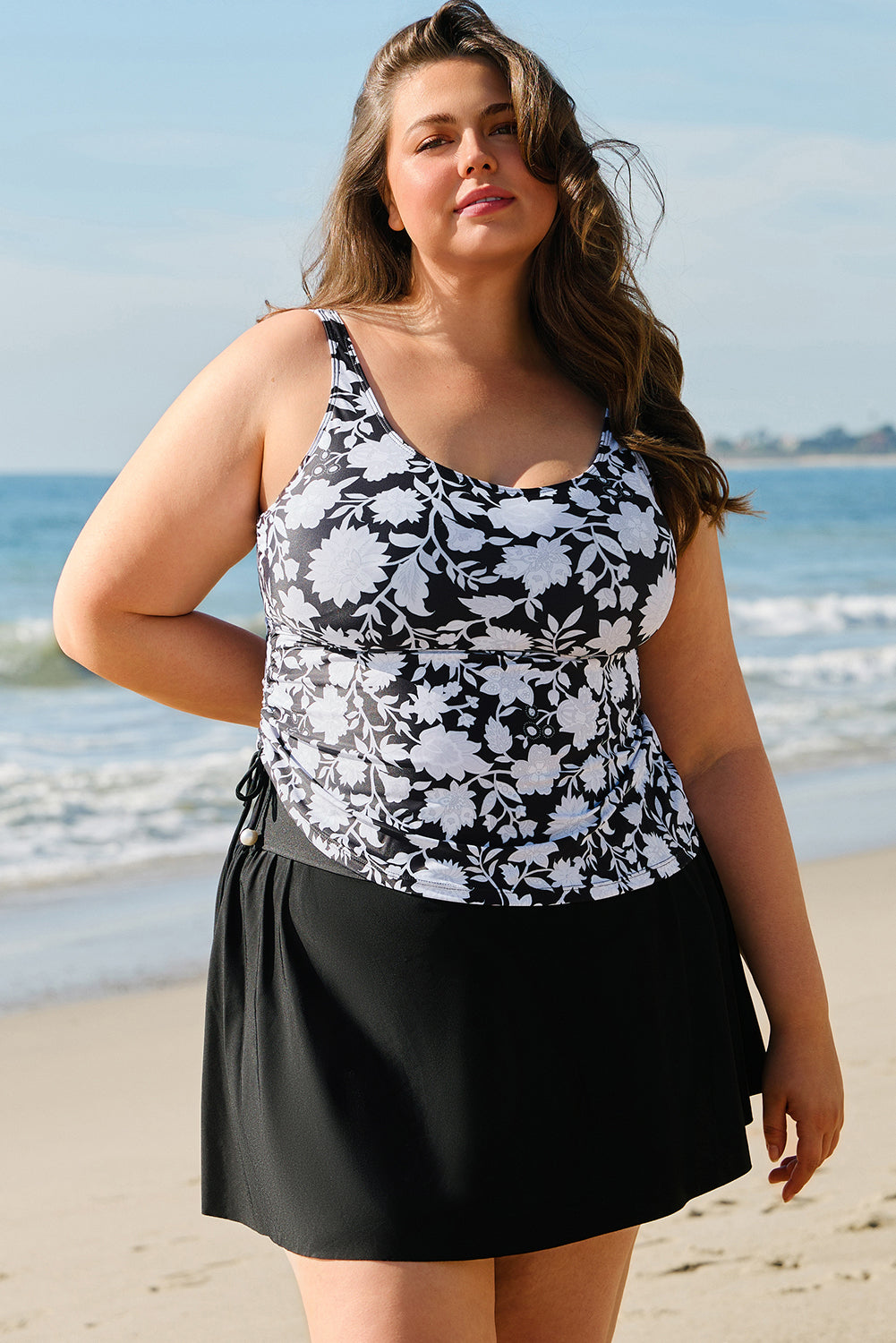 Black Plus Size Printed Square Neck Drawstring Ruffled Tankini Set