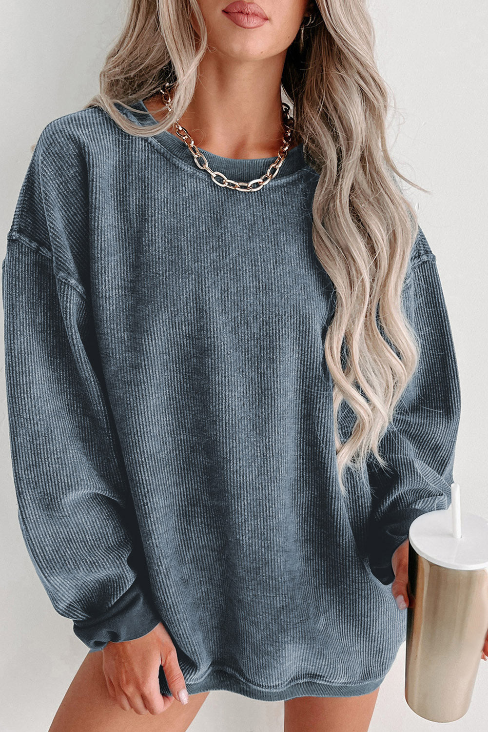 Black Solid Ribbed Knit Round Neck Pullover Sweatshirt