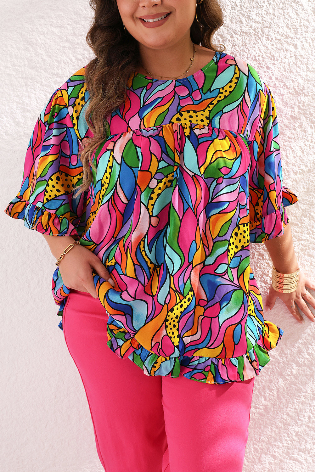 Rose Abstract Print Plus Size Frilly Trim Blouse