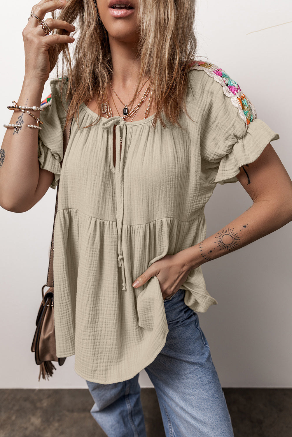 Smoke Gray Crinkle Embroidered Patched Bubble Sleeve Tied Neck Blouse