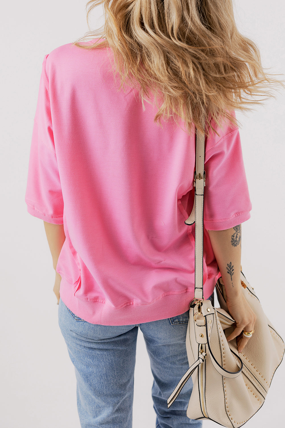 Bonbon Exposed Seam Chest Pocket Split Loose T Shirt