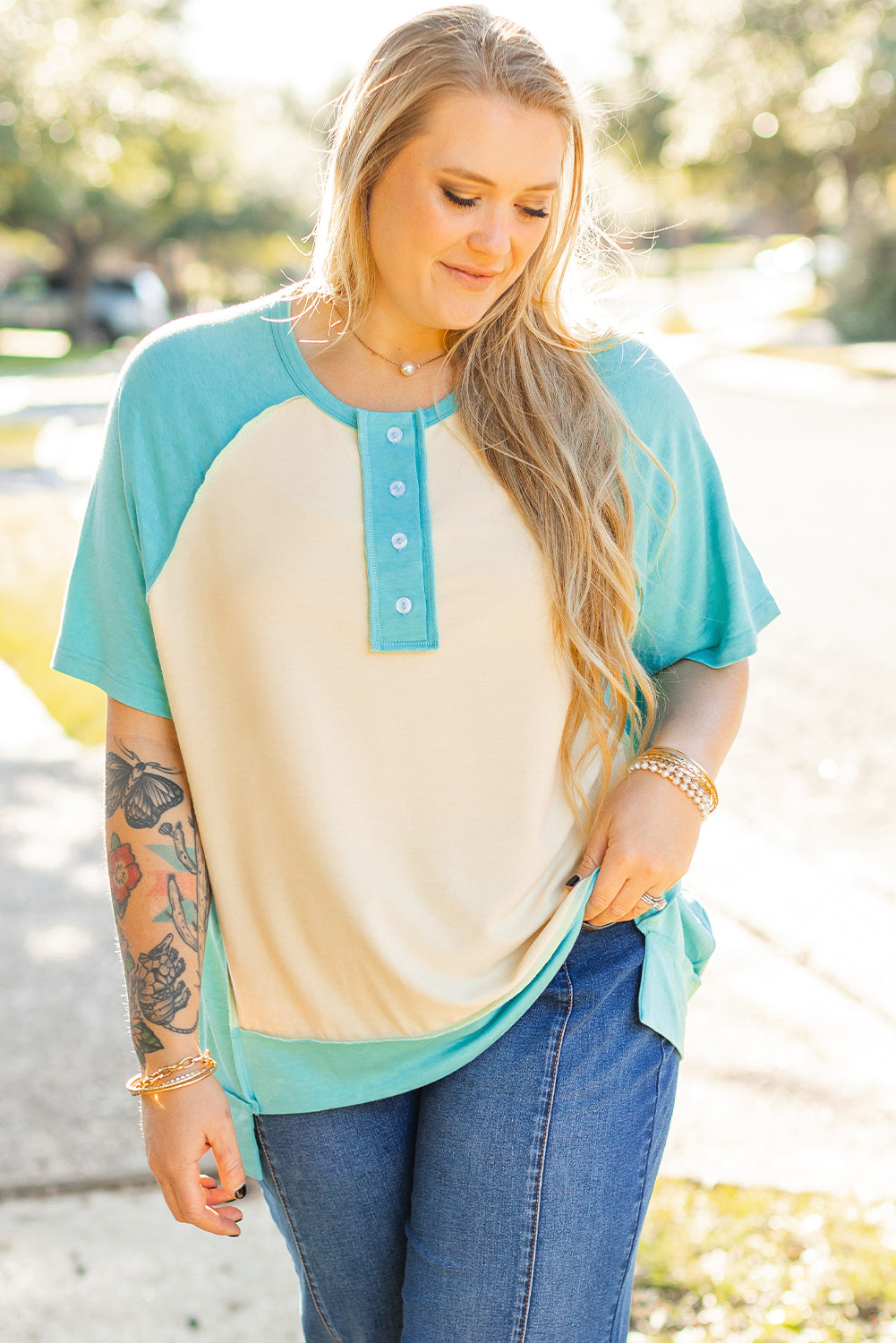 Mint Green Color Block Raglan Sleeve Buttoned Plus Size T Shirt