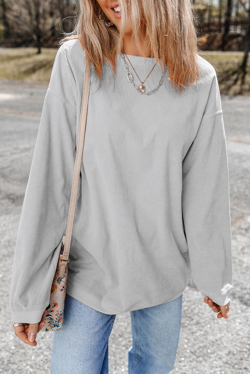 White Ribbed Corduroy Oversized Sweatshirt