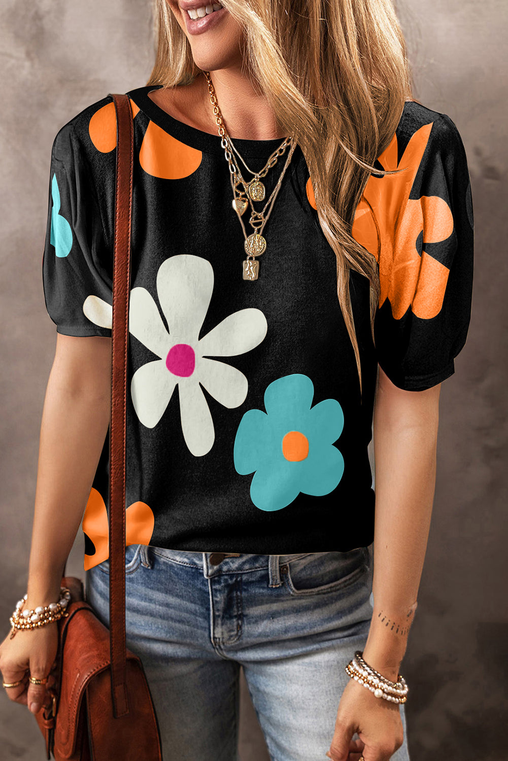 Sky Blue Flower Print Bubble Sleeve Tee