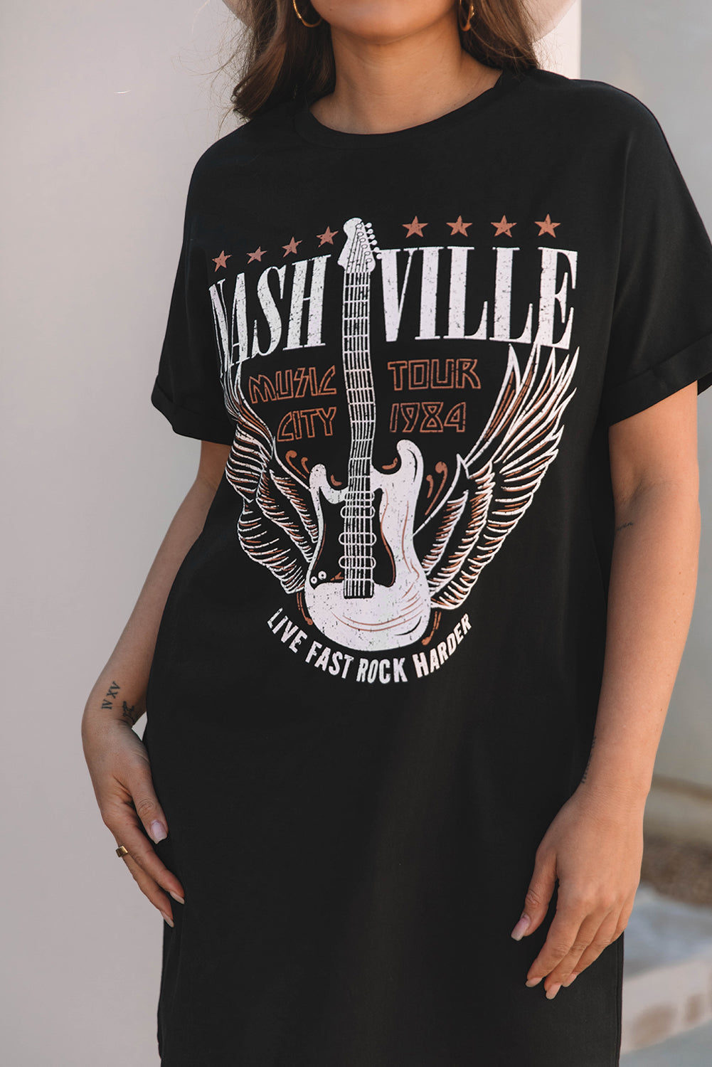 Black Nashville Guitar Print Crew Neck T Shirt Mini Dress