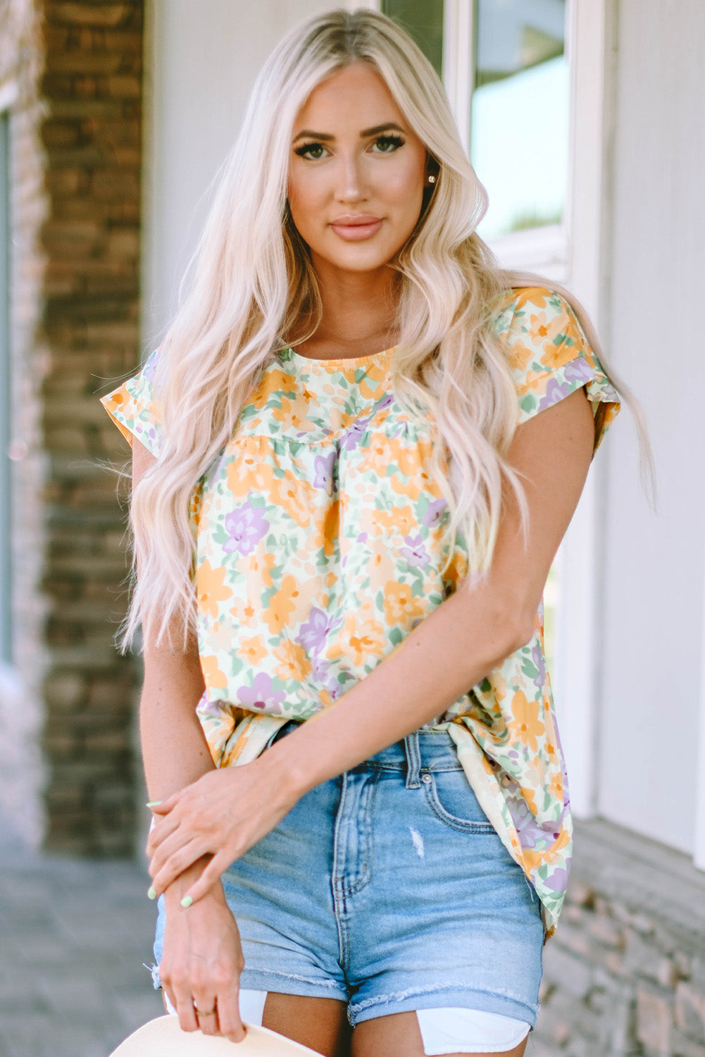 Yellow Floral Print Keyhole Back Short Sleeve Babydoll Blouse